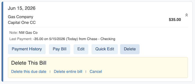 Bill Tracker - Delete Bill