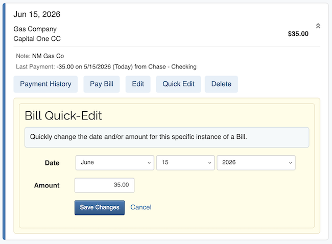 Bill Tracker - Quick Edit form