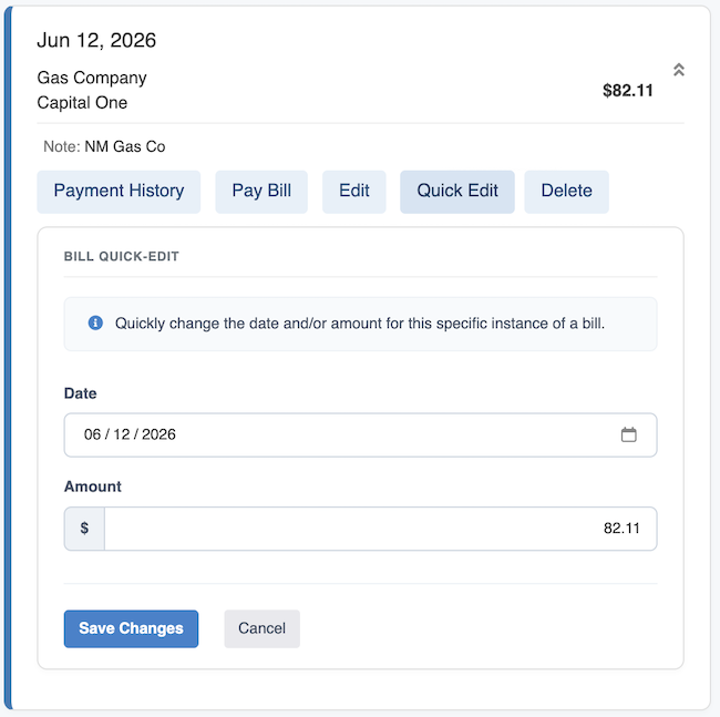 Bill Tracker - Quick Edit form