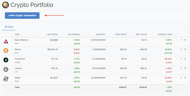 Crypto Portfolio - Add New Transaction button