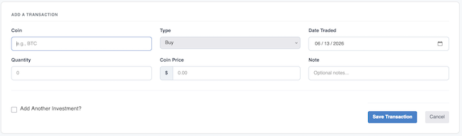 Crypto Portfolio - Add New Transaction form