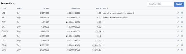 Crypto Portfolio - Transactions List