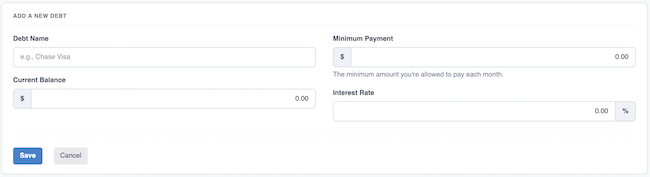 Debt Snowball - Add Debt form