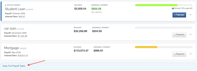 Debt Snowball - Payoff Table link