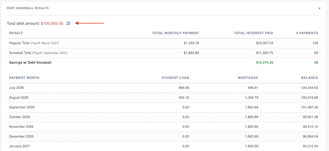 Debt Snowball - Payoff Table adjustment slider