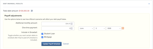 Debt Snowball - Payoff Table adjustment options