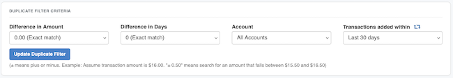 Duplicate Transaction Searching - Duplicate Filter Criteria