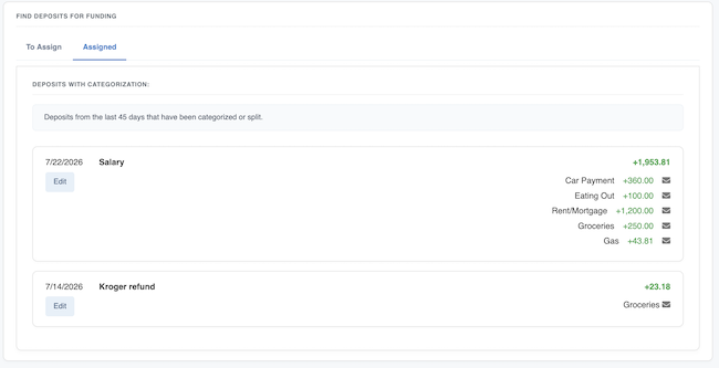 Envelope Budget - Viewing assigned deposits