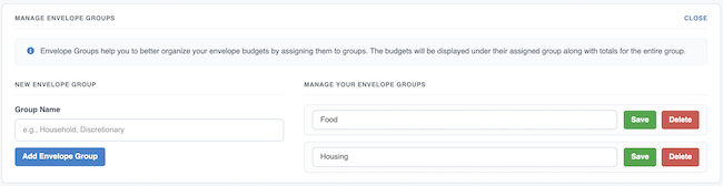 Envelope Budget - Manage Envelope Groups