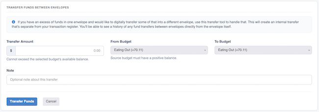 Envelope Budget - Transfer Funds form
