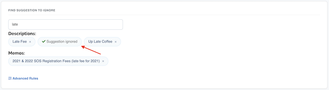 Ignored Auto-complete Suggestions - Successfully ignored suggestion