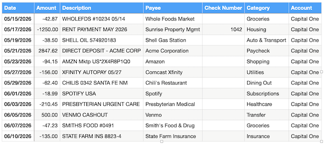Import Transactions - CSV File Format Example