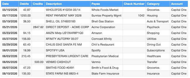 Import Transactions - CSV File Format Example