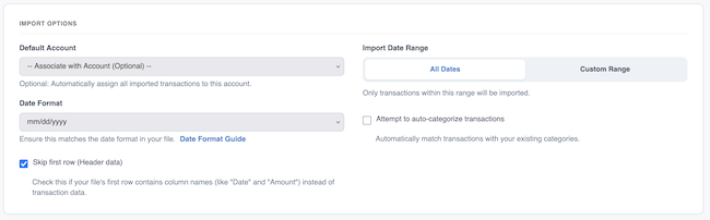 Import Transactions - Import Options - Skip Header Row