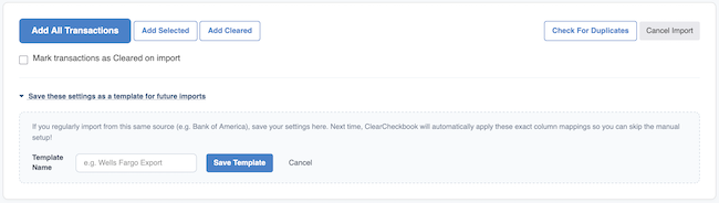 Import Transactions - Save Import Settings form