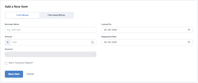 Money Lending Tracker - Add new item link