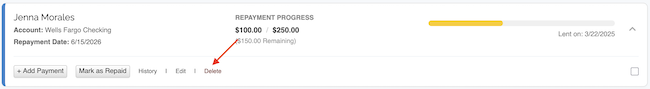 Money Lending Tracker - Click the Delete link