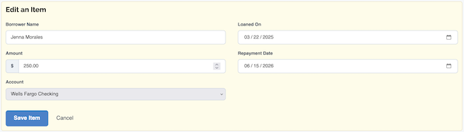 Money Lending Tracker - Edit Item form