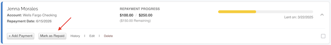 Money Lending Tracker - Mark as re-paid