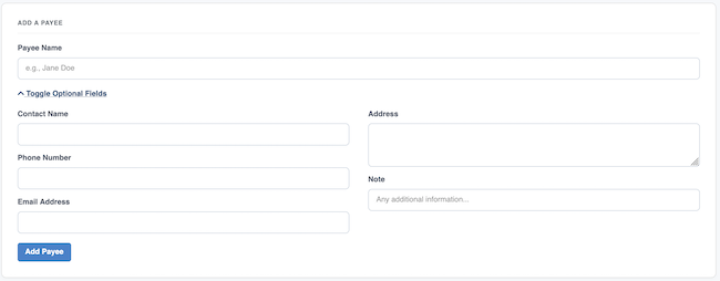 Payee Management - Additional Add Payee form