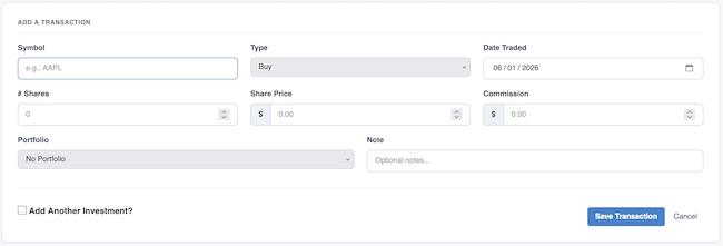 Investment Portfolio - Add New Investment form