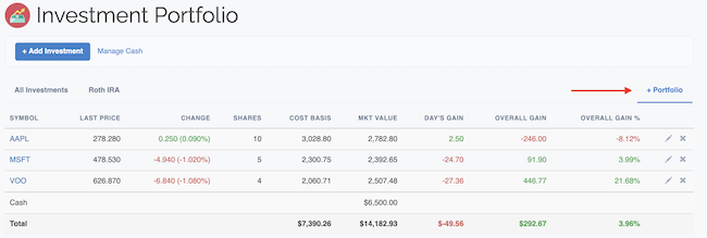 Investment Portfolio - Add New Portfolio link