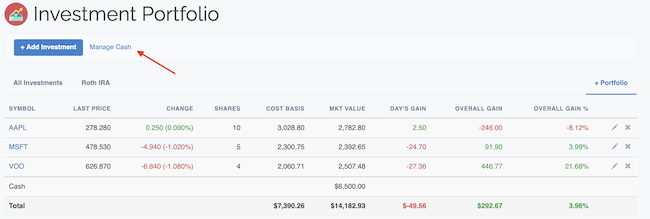 Investment Portfolio - Manage Cash link