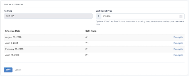 Investment Portfolio - Adjust investment for splits