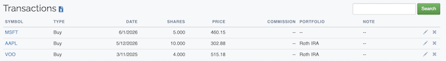 Investment Portfolio - Transactions List