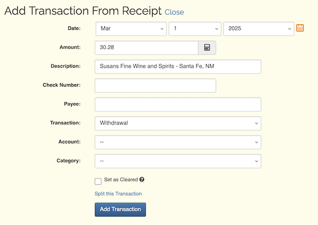 Receipt Scanning - Add transaction form