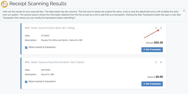 Receipt Scanning - Deleting an uploaded receipt
