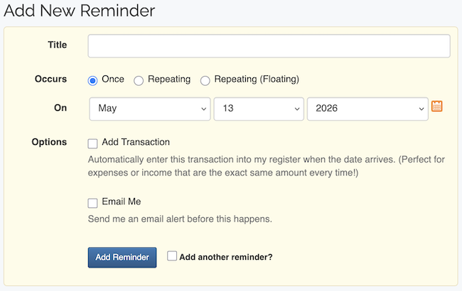 Reminders / Recurring Transactions - Add Reminder Form