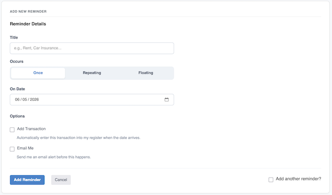 Reminders / Recurring Transactions - Add Reminder Form