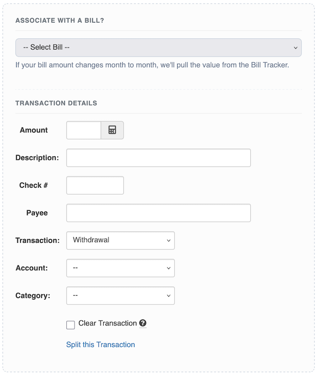 Reminders / Recurring Transactions - Add Transaction Form