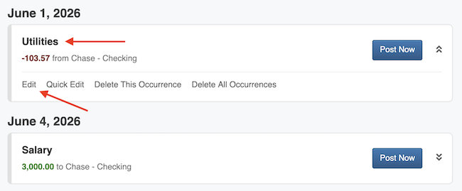 Reminders / Recurring Transactions - Edit link