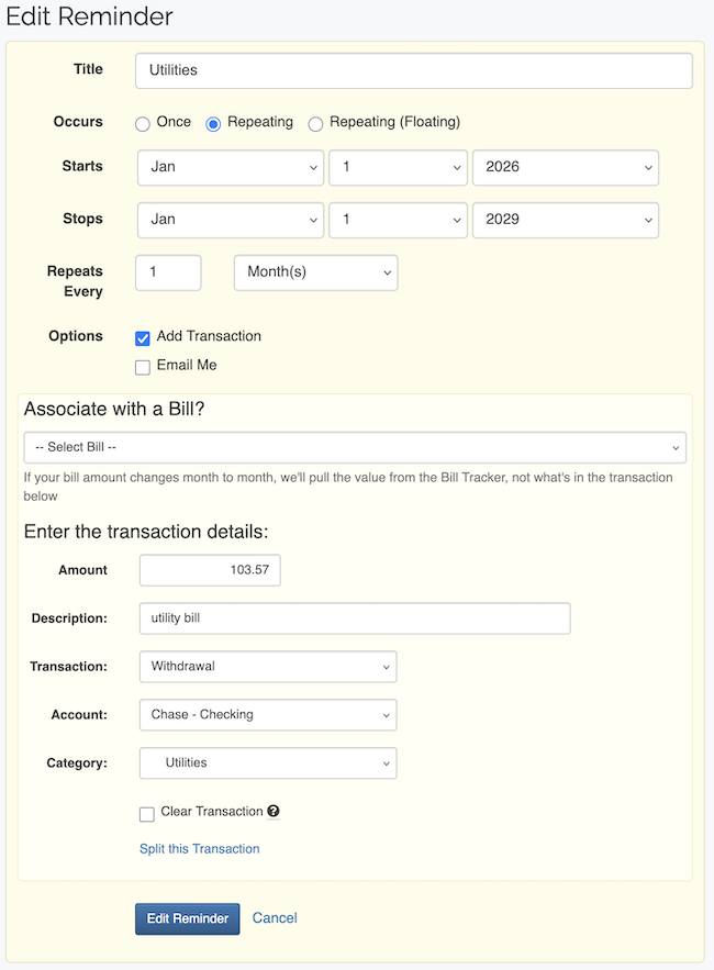 Reminders / Recurring Transactions - Edit form