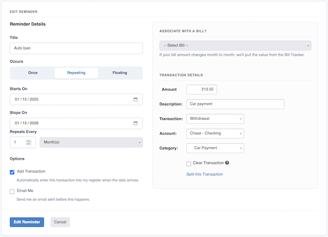 Reminders / Recurring Transactions - Edit form