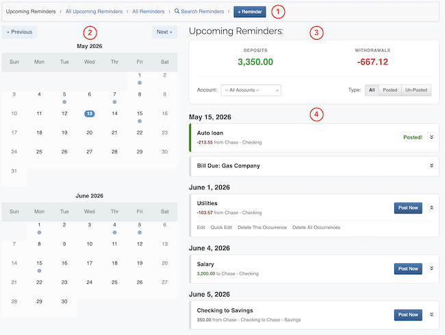 Reminders / Recurring Transactions - Page Layout