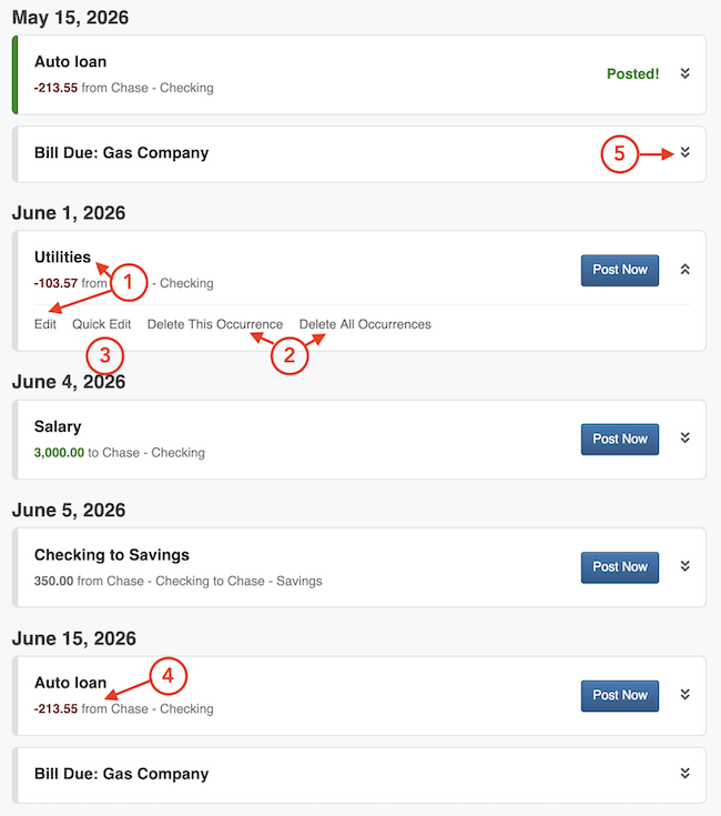 Reminders / Recurring Transactions - Reminder List