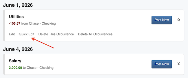 Reminders / Recurring Transactions - Quick Edit link