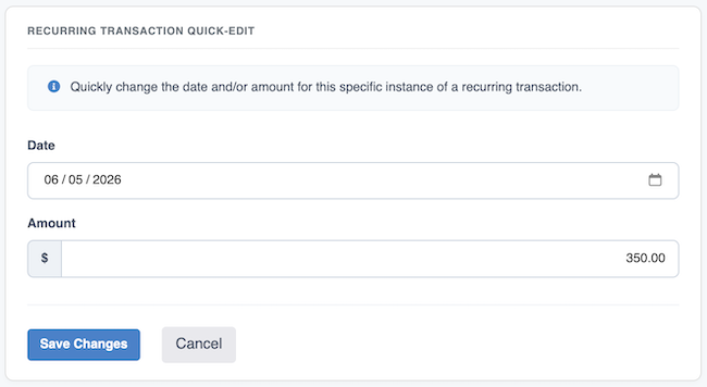 Reminders / Recurring Transactions - Quick Edit form